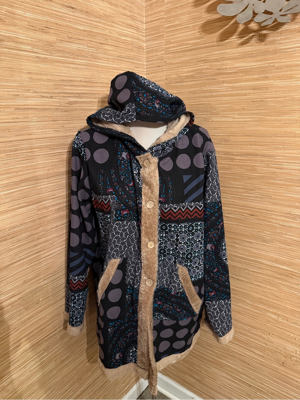 Patchwork Hooded Coat with Faux Fur Trim - Black Multi